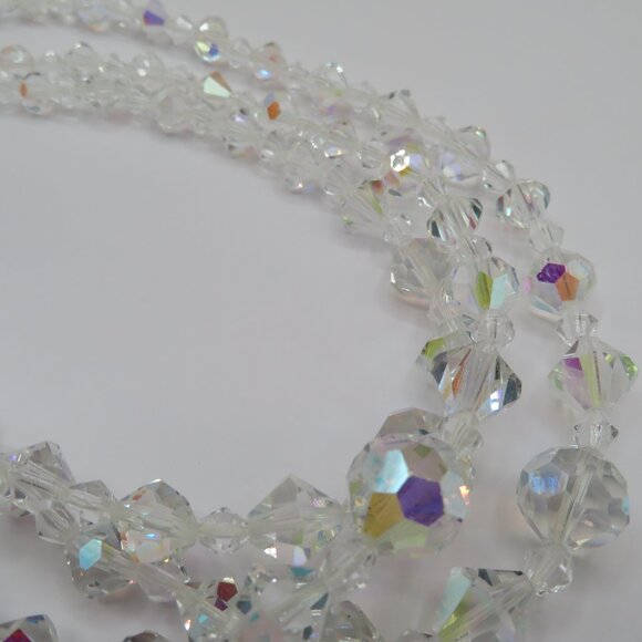 Vintage Aurora Borealis Beaded Triple Strand Choker Style Necklace - Picture 3 of 9